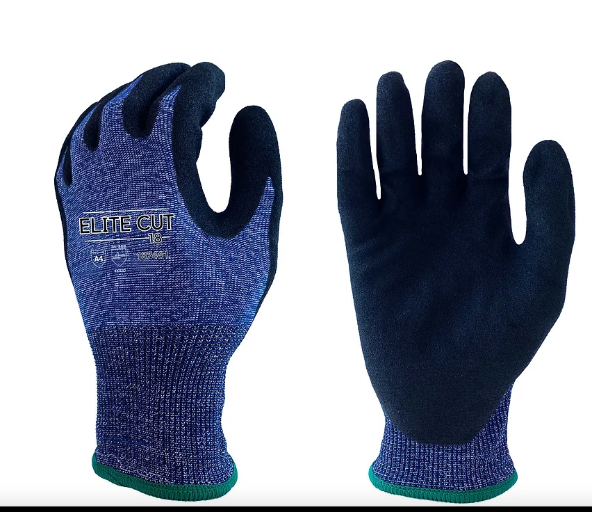 alt="Elite cut-resistant nitrile gloves with blue knit wrist – ANSI Level 4"